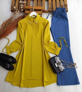 YESEH YAKA TAŞLI KOL BAĞLAMALI AYROBİN TUNİK B9-3--5291-70- YAĞ YEŞİL - 