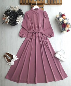 YEVFA TORBA CEP BEL LASTİK DİKİŞLİ KUŞAKLI DUBAİ ELBİSE 2382-61-ROSE - 