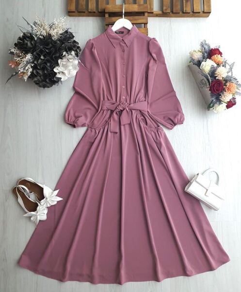 YEVFA TORBA CEP BEL LASTİK DİKİŞLİ KUŞAKLI DUBAİ ELBİSE 2382-61-ROSE - 1