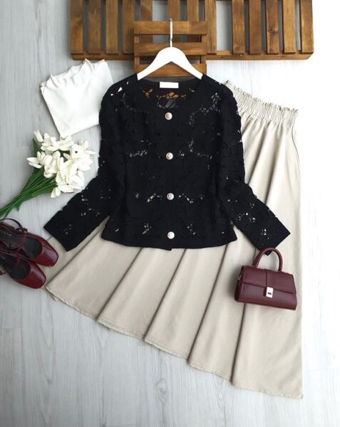 YOBFE DÜĞMELİ DANTEL ÖRGÜ HIRKA 8200-01-SİYAH - 1