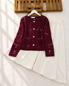 YOBFE DÜĞMELİ DANTEL ÖRGÜ HIRKA C1-8200-04-BORDO 