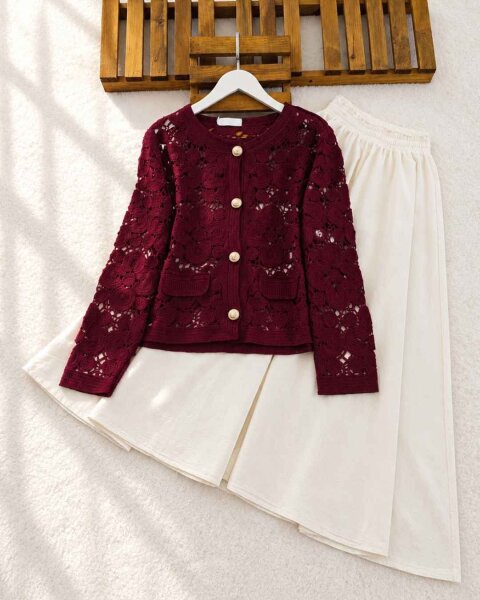 YOBFE DÜĞMELİ DANTEL ÖRGÜ HIRKA C1-8200-04-BORDO - 1