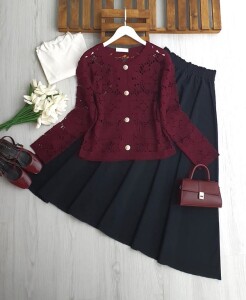 YOBFE DÜĞMELİ DANTEL ÖRGÜ HIRKA 8200-04-BORDO - 1