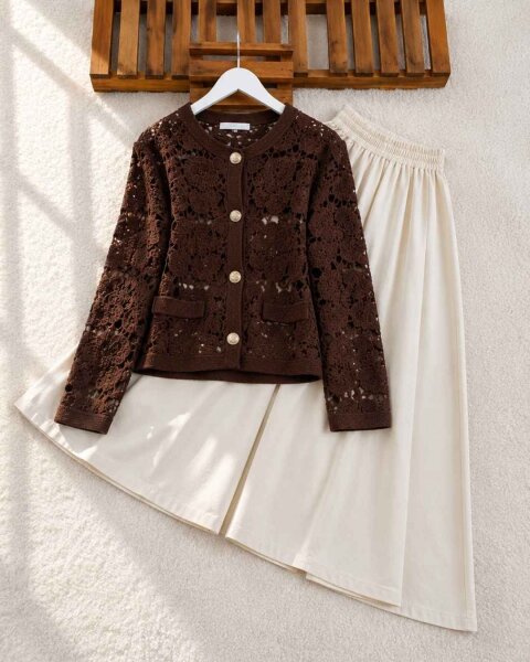 YOBFE DÜĞMELİ DANTEL ÖRGÜ HIRKA C1-8200-37-KAHVE - 1