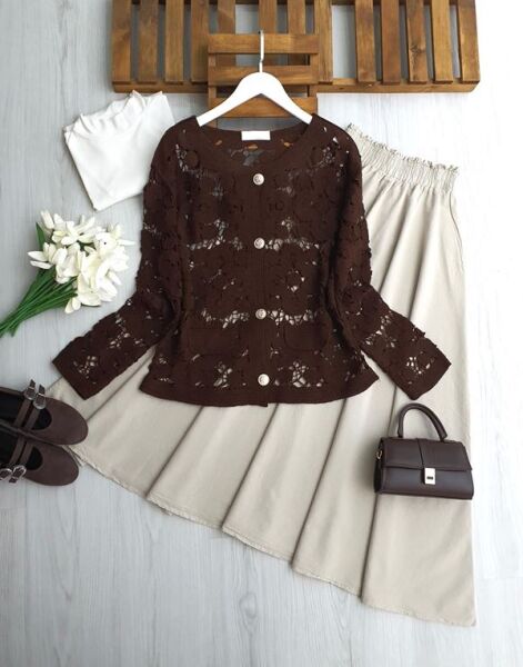 YOBFE DÜĞMELİ DANTEL ÖRGÜ HIRKA 8200-37-KAHVE - 1