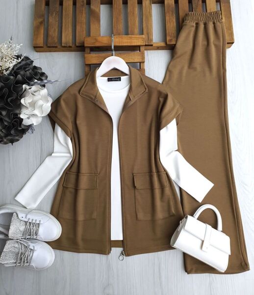 YOCN FERMUARLI ÇİFT CEP YELEKLİ ÜÇLÜ TAKIM 1655-19-HARDAL - 1