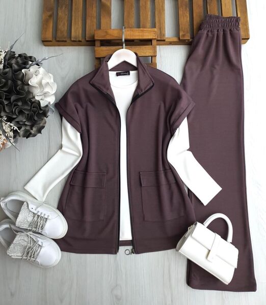 YOCN FERMUARLI ÇİFT CEP YELEKLİ ÜÇLÜ TAKIM 1655-61-ROSE - 1