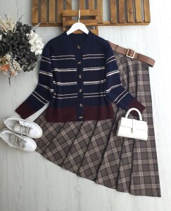 YODLA ÇİZGİLİ GARNİLİ YUMOŞ HIRKA 3222-101-BORDO-LACİVERT - 