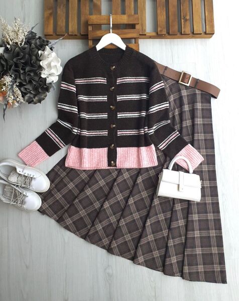 YODLA ÇİZGİLİ GARNİLİ YUMOŞ HIRKA A8-3-3222-102-PUDRA-KAHVE - 1