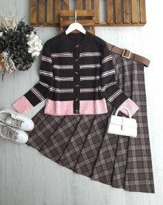 YODLA ÇİZGİLİ GARNİLİ YUMOŞ HIRKA 3222-102-PUDRA-KAHVE - 1