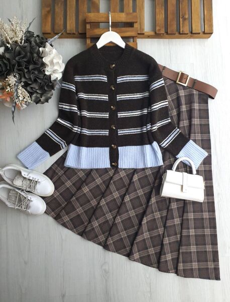 YODLA ÇİZGİLİ GARNİLİ YUMOŞ HIRKA 3222-103-MAVİ-KAHVE - 1