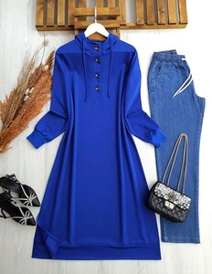 YOG DÜĞMELİ KAPŞONLU TAM BOY TUNİK A6-1-5406-14-SAKS - 