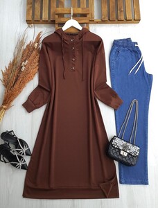 YOG DÜĞMELİ KAPŞONLU TAM BOY TUNİK A6-1-5406-37-KAHVE - 