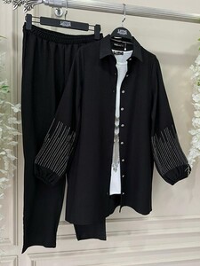 YOGE KOL TAŞ ŞERİTLİ KETEN İKİLİ TAKIM B11-4-1514-01-SİYAH - 