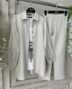 YOGE KOL TAŞ ŞERİTLİ KETEN İKİLİ TAKIM B11-4-1514-34-BEJ - 