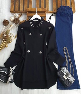 YOHS ÇİÇEK TAŞLI SALAŞ AYROBİN GÖMLEK TUNİK B11-2-5325-01-SİYAH - 