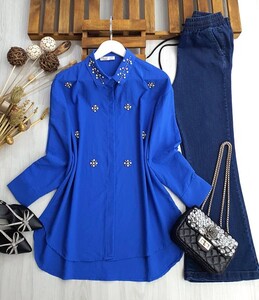 YOHS ÇİÇEK TAŞLI SALAŞ AYROBİN GÖMLEK TUNİK B6-1-5325-14-SAKS - 