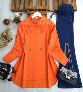 YOHS ÇİÇEK TAŞLI SALAŞ AYROBİN GÖMLEK TUNİK B11-2-5325-15-ORANJ - 