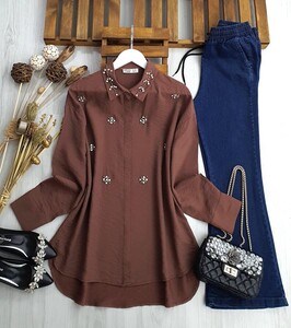 YOHS ÇİÇEK TAŞLI SALAŞ AYROBİN GÖMLEK TUNİK B6-1-5325-37-KAHVE - 