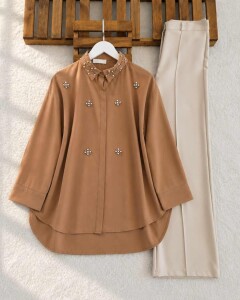YOHS ÇİÇEK TAŞLI SALAŞ AYROBİN GÖMLEK TUNİK 5325-43-CAMEL - 