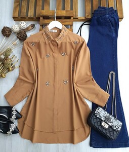 YOHS ÇİÇEK TAŞLI SALAŞ AYROBİN GÖMLEK TUNİK B6-1-5325-43-CAMEL - 