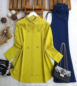 YOHS ÇİÇEK TAŞLI SALAŞ AYROBİN GÖMLEK TUNİK B11-2-5325-70-YAĞ YEŞİLİ - 