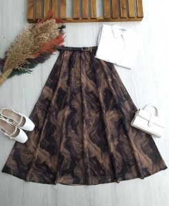 YOKLE GÖLGE DESEN DERİ KEMERLİ BELİ LASTİKLİ ASTARLI ŞİFON ETEK A7-2-6104-37-KAHVE - 