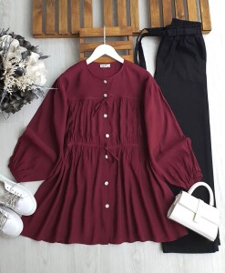 YOLBA KAT KAT PİLELİ BAĞCIKLI GÖMLEK TUNİK 5552-04-BORDO - 