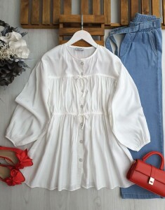 YOLBA KAT KAT PİLELİ BAĞCIKLI GÖMLEK TUNİK 5552-20-BEYAZ - 