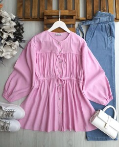 YOLBA KAT KAT PİLELİ BAĞCIKLI GÖMLEK TUNİK 5552-47-PEMBE - 