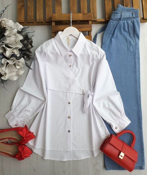 YOLQ HALKALI YAN BAĞLAMALI GÖMLEK TUNİK 5554-20-BEYAZ - 1