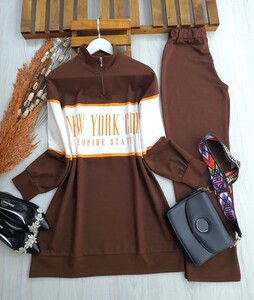 YORK BASKILI GARNİLİ İKİLİ TAKIM 1437-37-KAHVE - 