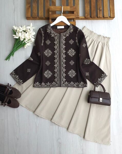 YOSA ÇİNİ NAKIŞLI ASTARLI CEKET 3231-37-KAHVE - 1