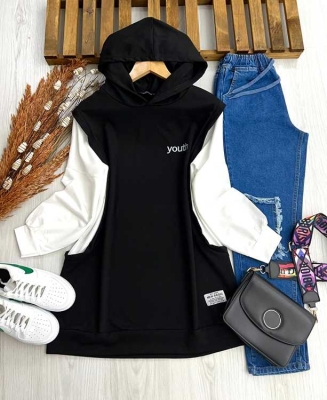 YOUTH NAKIŞLI BEYAZ GARNİLİ SALAŞ TUNİK C1- 5237-01-SİYAH - 