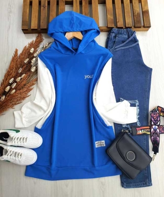 YOUTH NAKIŞLI BEYAZ GARNİLİ SALAŞ TUNİK C1-5237-11-İNDİGO MAVİSİ - 