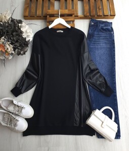 YOVLA DERİ KOL VE GARNİLİ TUNİK 5340--01-SİYAH - 