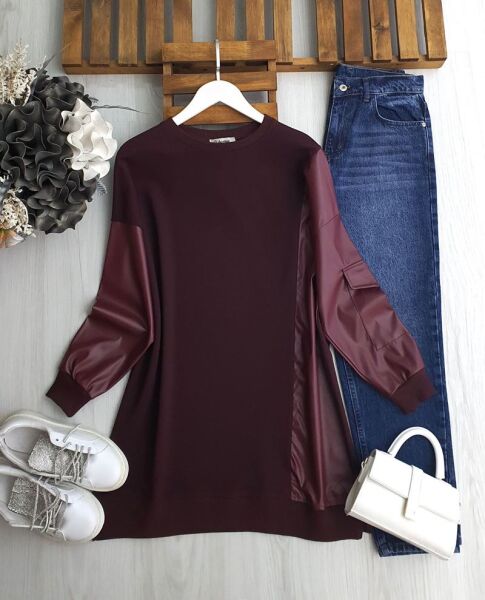 YOVLA DERİ KOL VE GARNİLİ TUNİK 5340--04-BORDO - 1