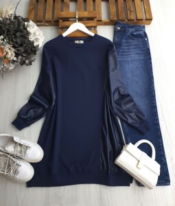 YOVLA DERİ KOL VE GARNİLİ TUNİK 5340--12-LACİVERT - 