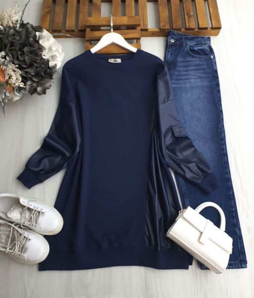 YOVLA DERİ KOL VE GARNİLİ TUNİK 5340--12-LACİVERT - 1