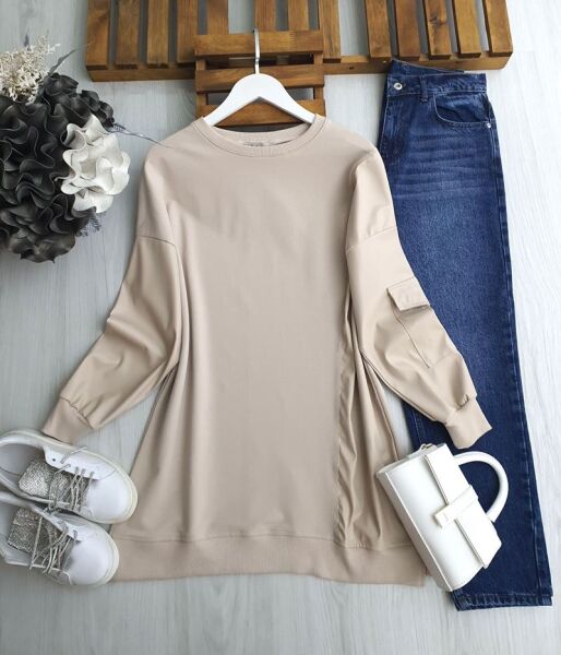 YOVLA DERİ KOL VE GARNİLİ TUNİK 5340--34-BEJ - 1