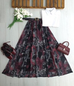 YUCES YAPRAK DESEN DERİ KEMERLİ BELİ LASTİKLİ ASTARLI ŞİFON ETEK 6111-01-SİYAH - 