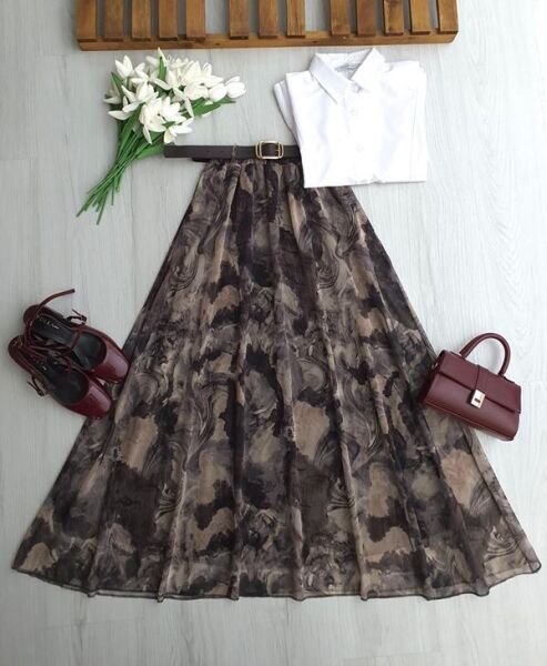 YUCES YAPRAK DESEN DERİ KEMERLİ BELİ LASTİKLİ ASTARLI ŞİFON ETEK 6111-37-KAHVE - 1