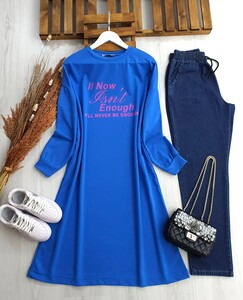 YULNE BASKILI TAM BOY TUNİK C12-2291-14-SAKS - 