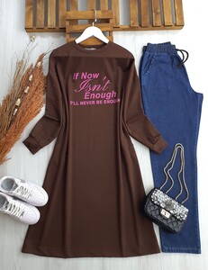 YULNE BASKILI TAM BOY TUNİK C12-2291-37-KAHVE - 