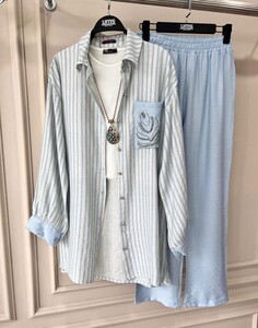 YUNA CEP TAŞ İŞLEMELİ KETEN İKİLİ TAKIM B11-5-1482-10-MAVİ - 