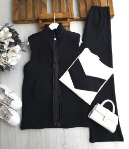 YUNNA İÇİ ELYAF ASTARLI YELEK GARNİLİ TUNİK PANTOLON ÜÇLÜ TAKIM B6-1-1663-01-SİYAH - 