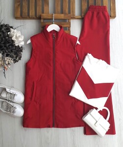 YUNNA İÇİ ELYAF ASTARLI YELEK GARNİLİ TUNİK PANTOLON ÜÇLÜ TAKIM 1663-03-KIRMIZI - 1