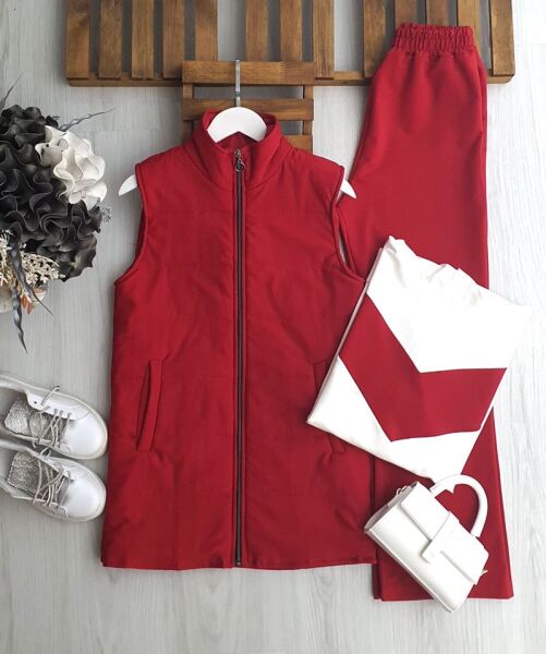 YUNNA İÇİ ELYAF ASTARLI YELEK GARNİLİ TUNİK PANTOLON ÜÇLÜ TAKIM 1663-03-KIRMIZI - 1