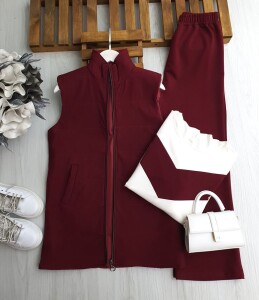 YUNNA İÇİ ELYAF ASTARLI YELEK GARNİLİ TUNİK PANTOLON ÜÇLÜ TAKIM B6-1-1663-04-BORDO - 