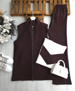 YUNNA İÇİ ELYAF ASTARLI YELEK GARNİLİ TUNİK PANTOLON ÜÇLÜ TAKIM B6-1-1663-37-KAHVE - 